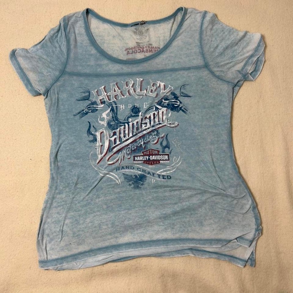 Harley‎ Davidson Women Light Blue T Shirt XL Round Neck Stretchy